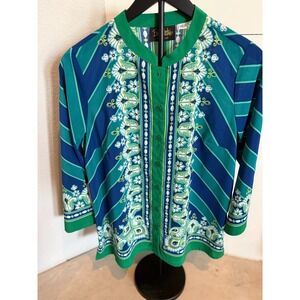 Bob Mackie Womens‎ Blouse S Green Blue Paisley Floral Button Top Boho